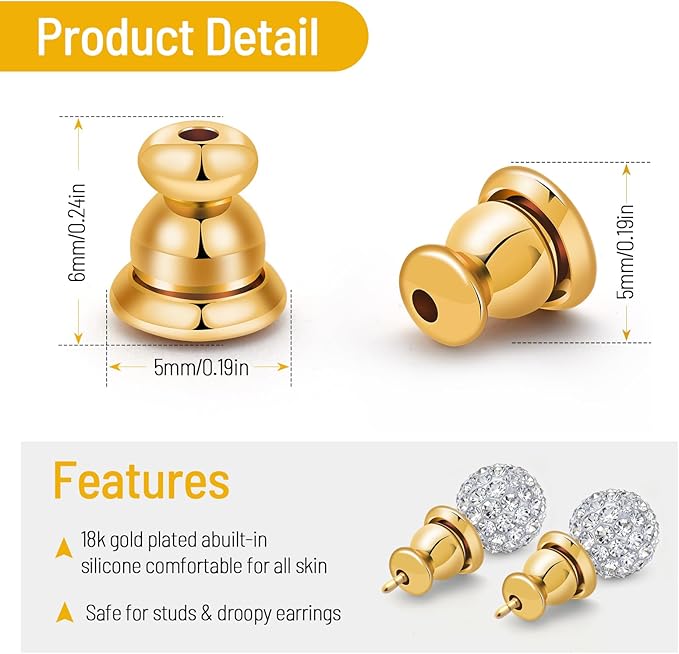 earring backs replacements,bullet earring backs for studs/droopy ears, secure locking backings for sensitive ears, hypoallergenic&comfortable (gold 6 pcs)