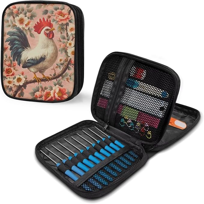 Hechitok Chicken Flower Crochet Hook Case Without Hooks and Accessories Zipper Storage Organizer Bag with Web Pockets for Various Crochet Needles Accessories Crochet Hook Kit Tools
