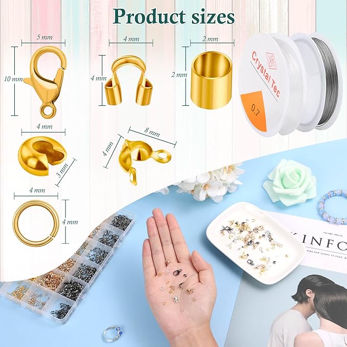 Acejoz 2160 Pieces Crimp Beads Kit for Jewelry Making, Incliding Knot Covers, Crimp Bead Covers, Crimp Tubes, Jump Rings,Wire Guardians, Crimping Pliers, Elastic String for Bracelets Necklaces Making