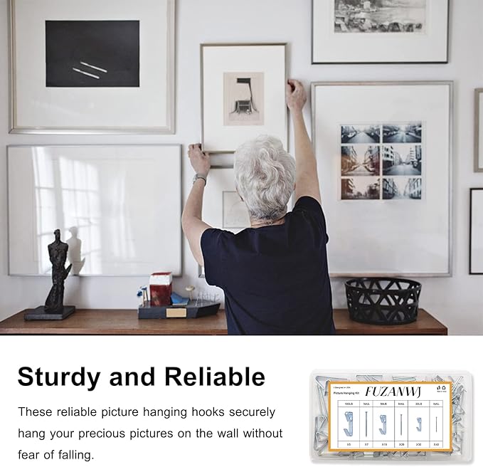 117Pcs Picture Hangers, 3 Size Picture Hooks Including 30/50/100lbs, Picture Hanging Kit, Professional Plaster Picture Hanging Kit for Wooden Wall or Drywall(50 Hangers+ 67 Nails)