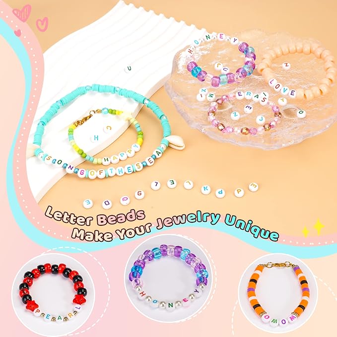 1400 Pcs Letter Beads Kit, 28 Styles White Acrylic Alphabet Beads Letter Beads for Jewelry Making wiht Number Beads Heart Beads Friendship Bracelet Kit