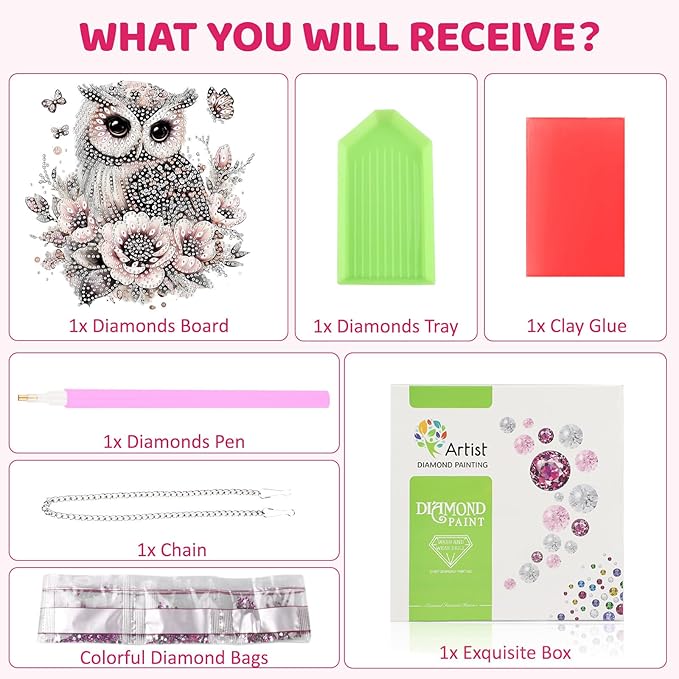 MEIYUDA Owl Diamond Art Hanging Kits for Adult, Flowers Owl Diamond Painting Hanging Kits Ornaments, DIY Special Shaped Rhinestone Window Pendants Kit for Home Garden Wall Decor Gift
