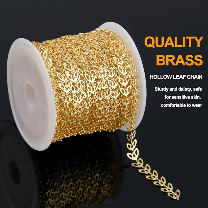 KYUNHOO 16.4 Feet 18K Gold Chains Bulk Hollow Leaf Link Cable Chain on Spool Gold Plated Brass Jewelry Chain with Lobster Clasps for DIY Supply Jewelry Findings