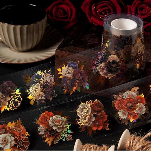 Gold Foil Floral Stickers for Scrapbooking, 6 Rolls Vintage Flower Die Cut Stickers Transparent PET Tape Set for Junk Journal Supplies, Collage, DIY Crafts Arts Decorative