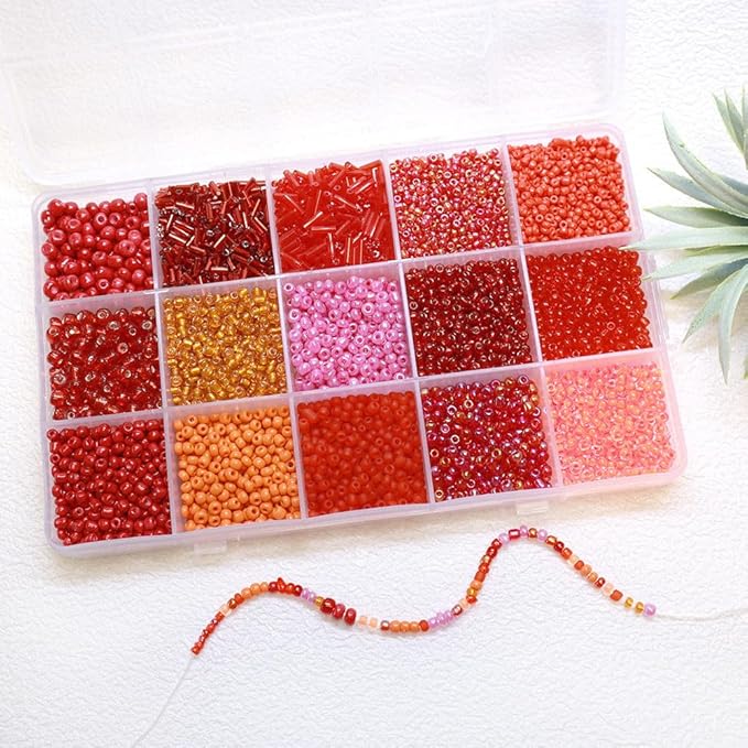 GTAAOY Mix 15 Color Glass Seed Beads, Glass Bugle Beads Tube Beads, Bracelet Bead Boards, Tweezers,Elastic Sting for Jewelry Making(Mix Size,Red)