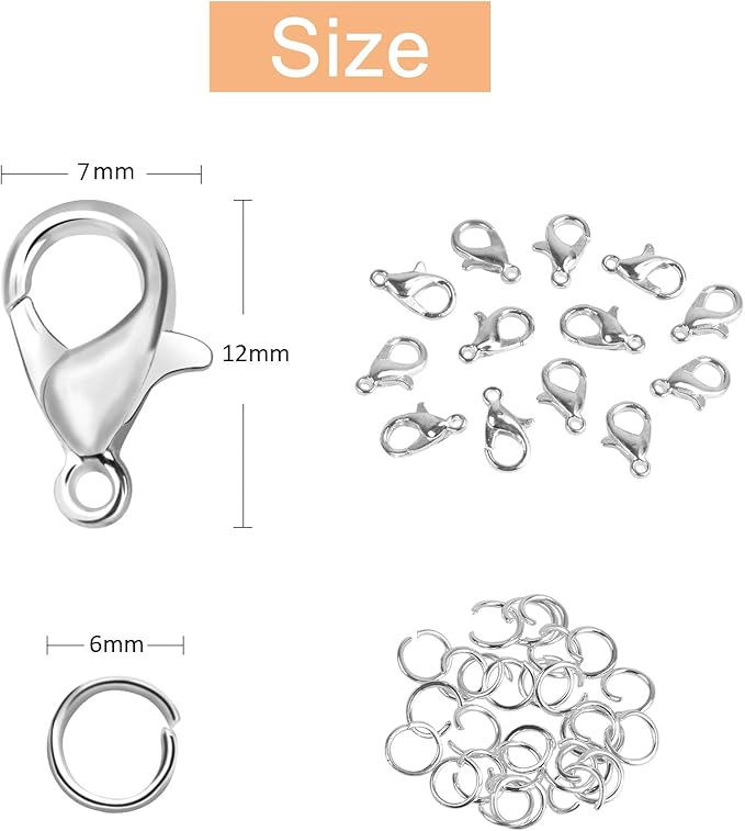 400PCS Lobster Claw Clasps with Open Jump Rings Kit, Bracelet Necklace Silver Fasteners Hooks for DIY Craft Jewelry Making, 12mmX7mm