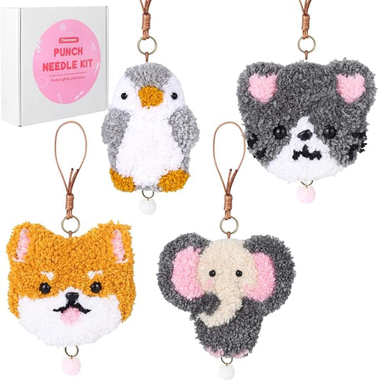 Punch Needle Kit for Beginner,Embroidery Kit with All Tools and Materials, 4Pcs Cute Animal Charm Easy for Adults and Children Follow Instructions and Videos,Best Gift for Craft Lovers