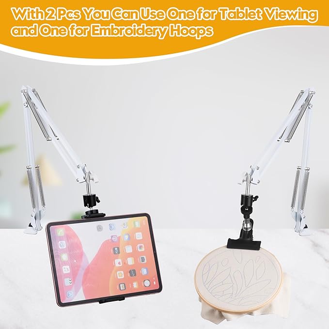 2 sets adjustable embroidery hoops stand for hand work,white cross stitch frame with 360° rotation,needlework frame, embroidery stand suitable for embroidery kit,hoop/tablet/phone holder desk stand