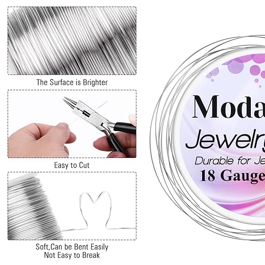 Modacraft 18 Gauge Silver Jewelry Wire & 4-in-1 Pliers Kit - 65FT Anti-Tarnish Craft Wire (1mm) for Wire Wrapping, DIY Jewelry, Christmas Ornaments & Holiday Decor