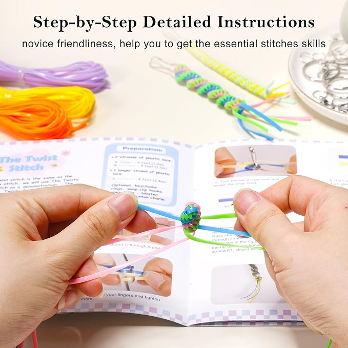 PP OPOUNT Lanyard String Kit for Friendship Bracelet & Keychain Making, 18 Solid-Color Gimp Kit with Tools & Guide, Plastic Boondoggle String for Adults & Family Activities, Fun Craft Set for Adults