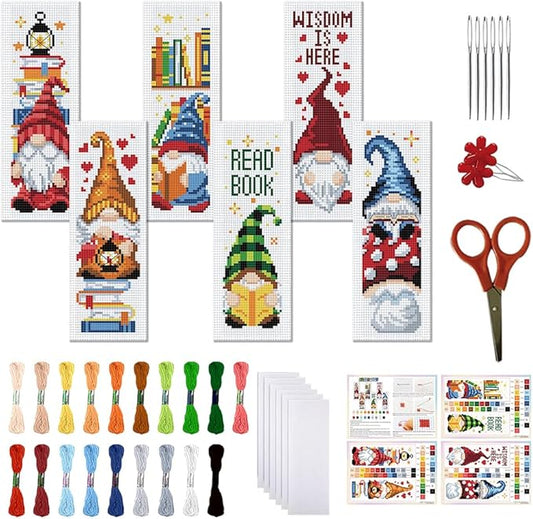 FREEBLOSS 6 Set Cross Stitch Bookmark Kit 11 CT Stamped Cross Stitch Kit DIY Embroidery Bookmark Kits for Adult Beginners with Instructions, Gnome Pattern, 6 x 20 cm/8" x 2.4"