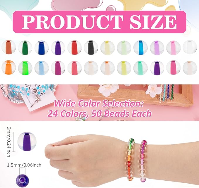 XSEINO 24 Colors 1200PCS Core Filled Glass Beads Kit 6mm DIY Craft Glass Beads, Fit for Bracelets, Jewelry Making, Necklace