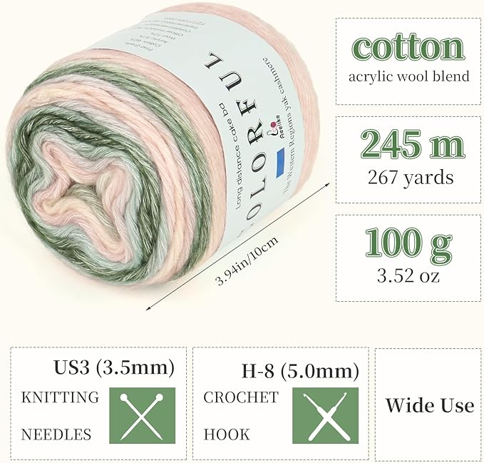 Aeelike Cake Yarn for Crocheting, 3 Skeins Gradient Yarn 100g (3.52 oz) 245m (267 Yards) # 3 Light Weight, Soft Ombré Yarns Fairyland Yarns Rainbow for Making Colorful Crafts, Pink Green Gradient