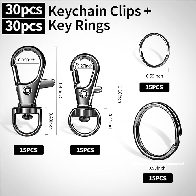 LEOBRO 60 PCS Lobster Claw Clasps and Key Rings, Keychain Clips and Key Chain Rings, Keychain Making Kit, for Key Chains, Jewelry Making, Crafts, Gray Black