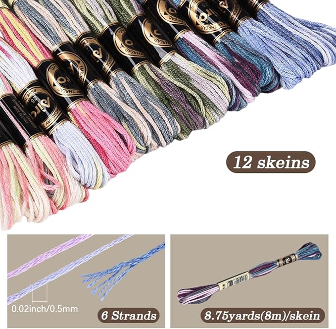 12 Skeins 105 Yards Embroidery Thread Variegated Cross Stitch Floss Bulk 6 Ply Polyester Yarn Colorful Friendship Bracelet String for Sewing Making Needlecraft Knitting Clothes Stitching