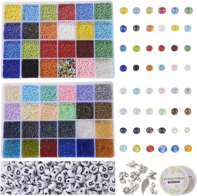 2mm Glass Seed Beads Jewelry Making Kit, 2 Boxes 48 Colors Small Bead Friendship Bracelet Set with Pendants, Letter Beads & Elastic Cord, Gift for Craft Enthusiasts