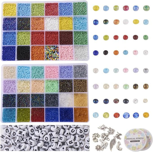 2mm Glass Seed Beads Jewelry Making Kit, 2 Boxes 48 Colors Small Bead Friendship Bracelet Set with Pendants, Letter Beads & Elastic Cord, Gift for Craft Enthusiasts