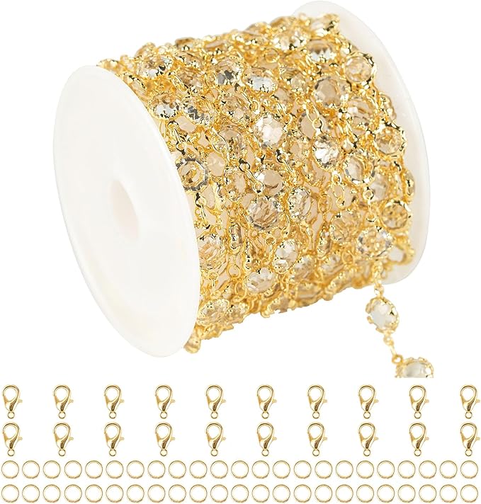 UMAOKANG 3 Yard 18K Gold Plated Brass Chain for Jewelry Making Clear Crystal Jewelry Chain Roll with Jump Rings and Lobster Clasps