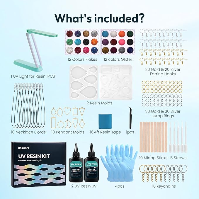 Resiners UV Resin Kit with Light for Adults, 190PCS UV Resin Jewelry Making Kit, Resin Accessories for Keychains, Earrings, Necklaces, Adult DIY Crafts – Not a Toy