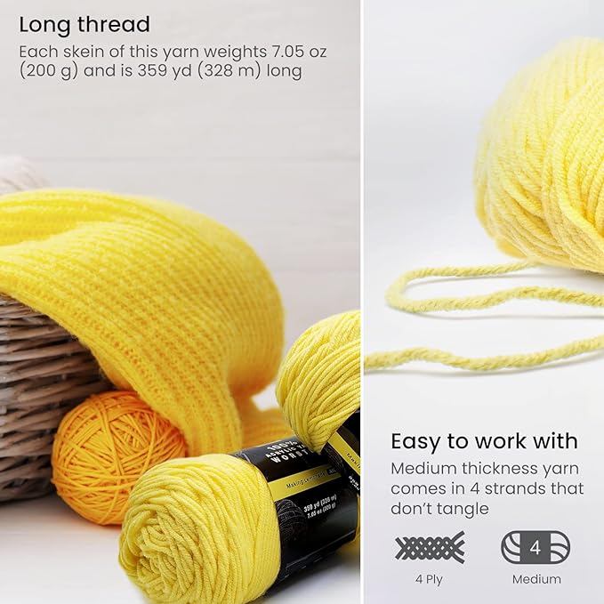 Arteza Acrylic Yarn for Crochet & Knitting, 4 Skeins, 100% Acrylic, 359 Yards Each, Yellow A101, Soft Worsted Yarn for DIY Projects, Amigurumi & More