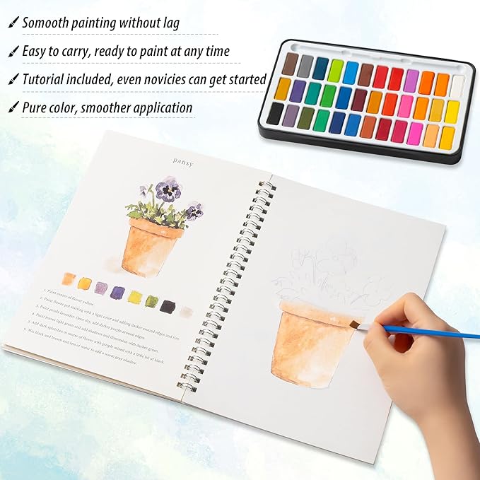 Spiral-Bound Watercolor Workbook with Guided Flower Illustrations – Beginner Painting Practice Book with Themed Sketch Pages, Includes 36 Color Watercolor Set & Brushes (Flowers)