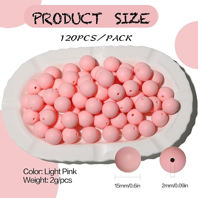 120pcs Richbunnys 15mm Bulk Silicone Beads for Pens and Keychain Making,Large Bead for Necklace and Bracelets Making,Assorted Rubber Beads Set（Light Pink）