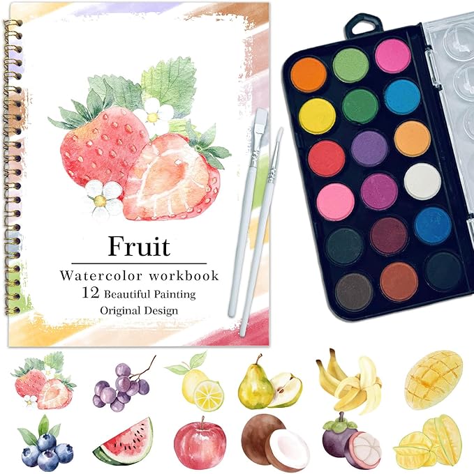 Watercolor Workbook, Water Coloring Book, 12 Different Patterns of Original DIY Designs, 18 Colors Watercolor Paint Set, Beginner-Friendly Watercolor Workbooks (Fruits), Perfect Gifts for Adults