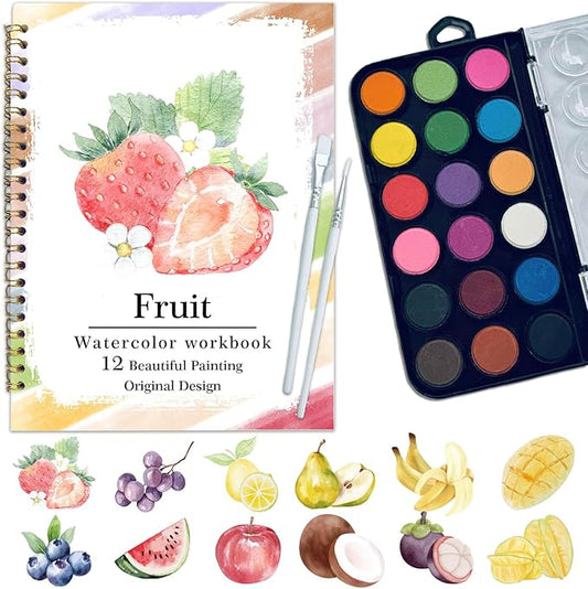 Watercolor Workbook, Water Coloring Book, 12 Different Patterns of Original DIY Designs, 18 Colors Watercolor Paint Set, Beginner-Friendly Watercolor Workbooks (Fruits), Perfect Gifts for Adults