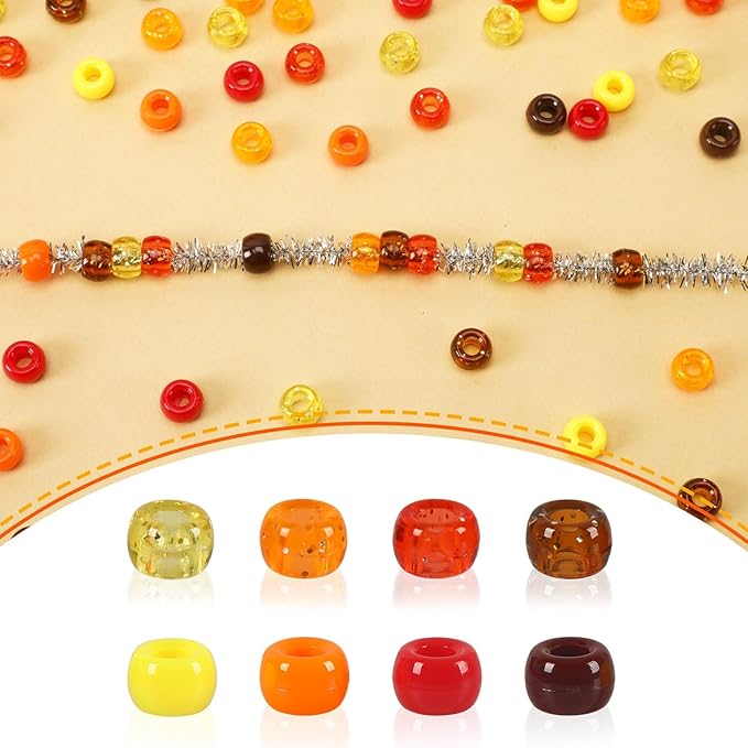 UPINS 1200 Pcs Fall Pony Beads,Autumn Thanksgiving Pony Beads for Jewelry Making Yellow Orange Red Brown for Hair Necklace Bracelets Crafts Supplies