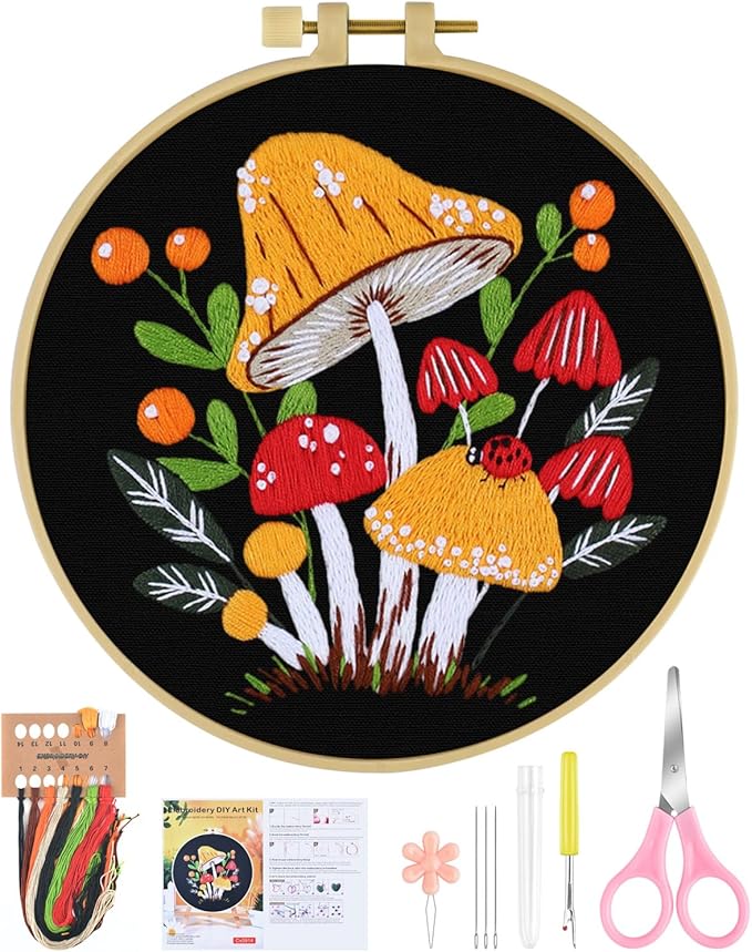 ERKOON Embroidery Kit for Beginners, Flower Cross Stitch Set for Include Embroidery Cloth Hoops Threads for Craft Lover Hand Stitch with Embroidery Skill Techniques (Mushroom)