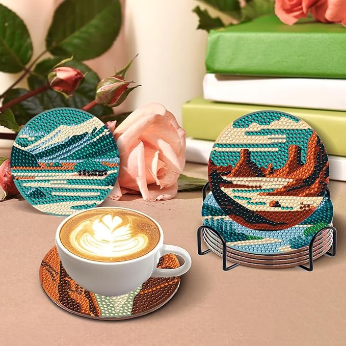 DOTZSO 8 Pcs Diamond Art Coasters Kit with Holder Diamond Art Kits for Adults Beginners Small Diamond Painting Coasters Arts and Crafts for Adults Supplies Item Sets (Landscape)