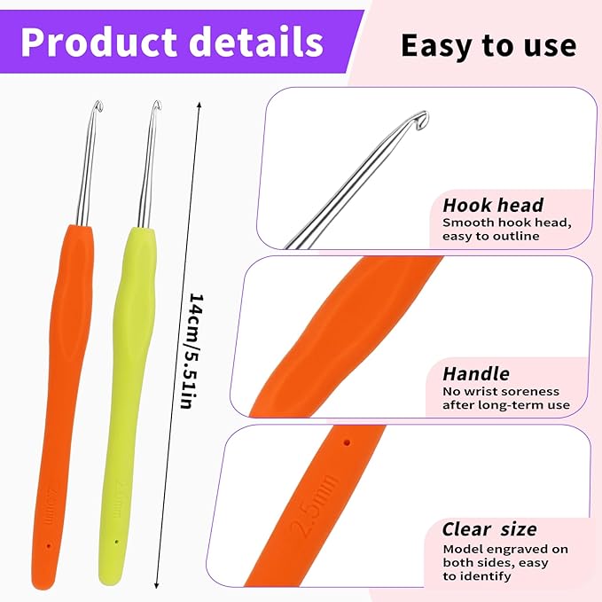 Iuuidu 2PCS 2.0mm 2.5mm Crochet Hooks, Ergonomic Handle Crochet Hooks for Arthritic Hands, Extra Long Crochet Needles for Beginners, Comfortable Smooth Knitting Needles for Handmade DIY Multicolor