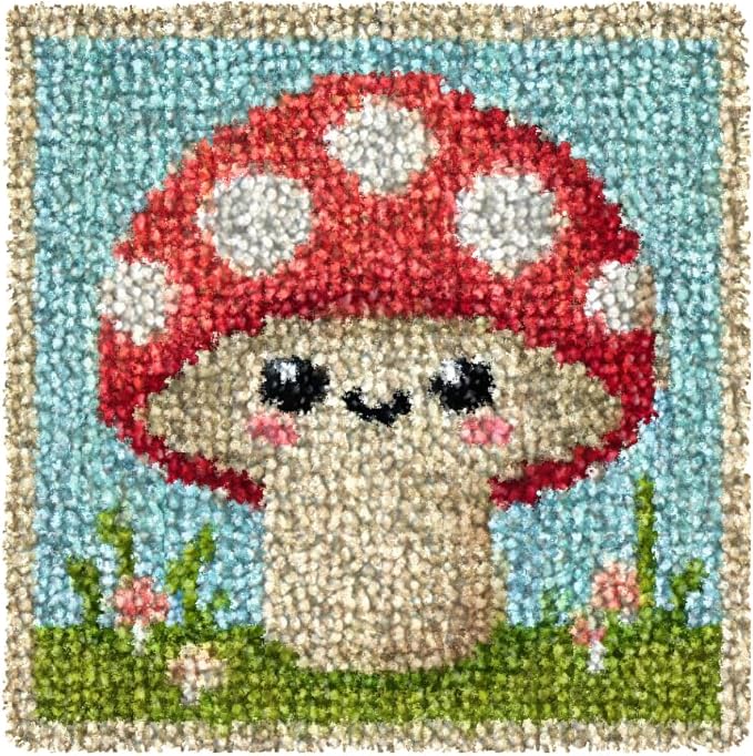Numptain Latch Hook Kits for Adults,DIY Rug Crafts Mushroom Pattern Color Printed Canvas,Latch Hook Kits for Beginners Handmade Needlework Crafts Home Decoration,12"x12"