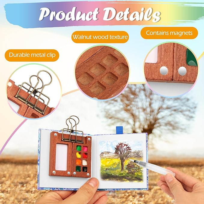 Travel Watercolor Set，Mini Paint Palette Travel kit，Mini Water Color Paint Set，Wooden 8 Grid Paint Box,12 Colors Small Watercolor Sketchbook for Artists Painters Students (12-blue)