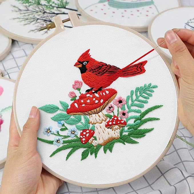Louise Maelys Cardinal Mushroom Embroidery Kits for Beginners,Cross Stitch Kit for Adults,DIY Needlepoint with Flowers Pattern