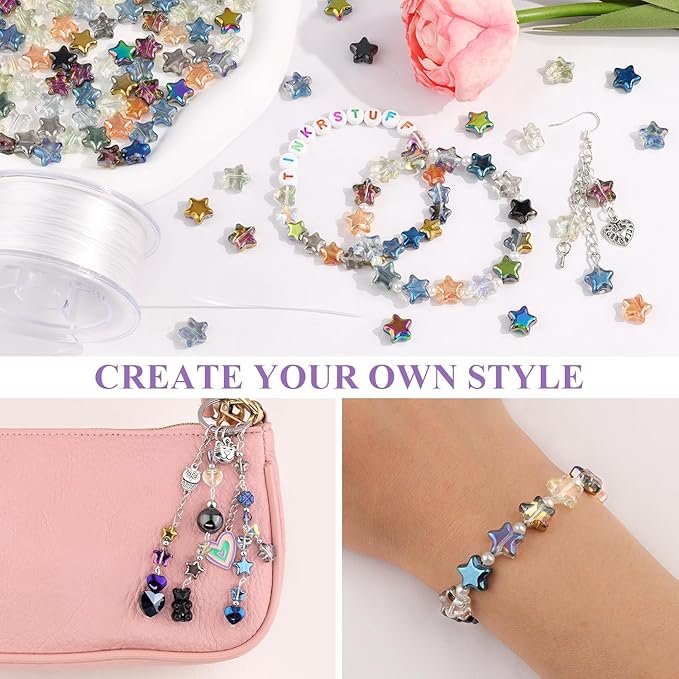200PCS 10MM Glass Star Beads Bedazzling Irisedent Glass Beads,Crystal Star Beads,Fancy Shine Mixed Colors Cute Bead for Necklace Bracelet Earring Jewelry Making, Spacer Beads Bulk for Crafting & DIY