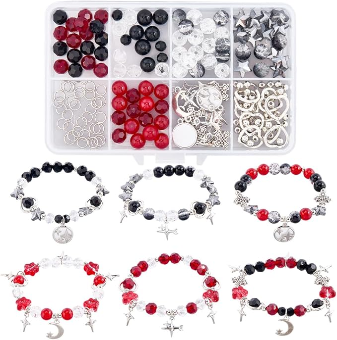 SUNNYCLUE 1 Box DIY 6 Sets Halloween Bracelets Kits Moon Star Charms Alloy Gothic Tibetan Style Black Red White Heart Stars Moon Charms for Jewelry Making Kits Women Festival Christmas Supplies DIY