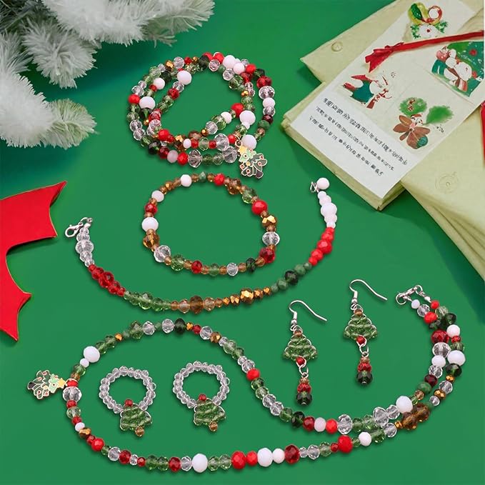 1000pcs Christmas Glass Beads for Jewelry Making Briolette Rondelle Beads Assorted Crystal Beads Loose Spacer Bead for DIY Crafts Bracelets Necklaces Earrings and Christmas Decorations