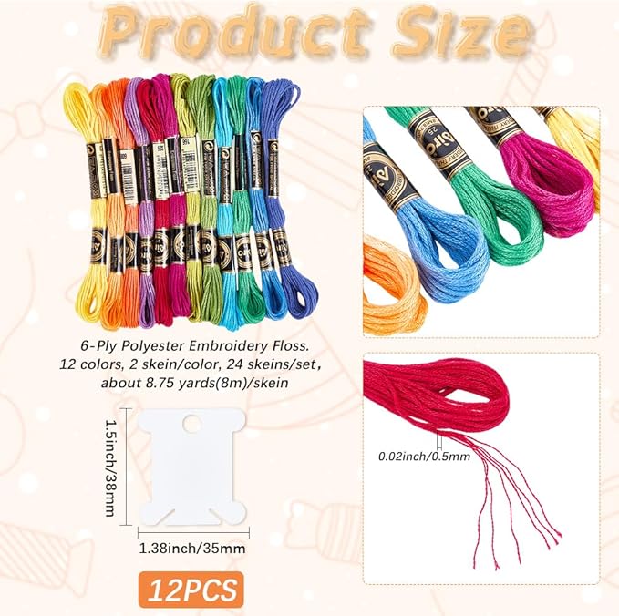 210 Yards 24 Skeins Colorful Cross Stitch Floss Embroidery Threads Polyester Friendship Yarn Rainbow 6 Ply Embroidered String for Sewing Making Bracelets Clothes Stitching Decor Craft DIY