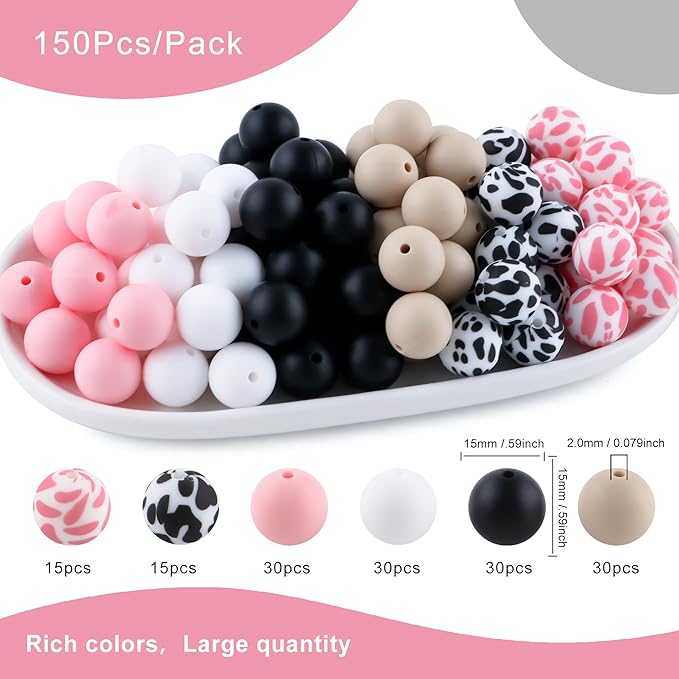150Pcs Mixed Color 15mm Silicone Beads for Keychain Making, Pink Black Cow Print Silicone Beads for Pens and Bracelet Jewelry Making