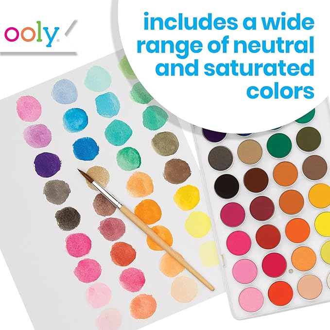 Ooly Lil' Watercolor Washable Paint Pods Set with Brush, 36 colors & 1 Paintbrush, Washable Watercolors in a Portable Case, School and Art Supplies, Bright & Vibrant Colors