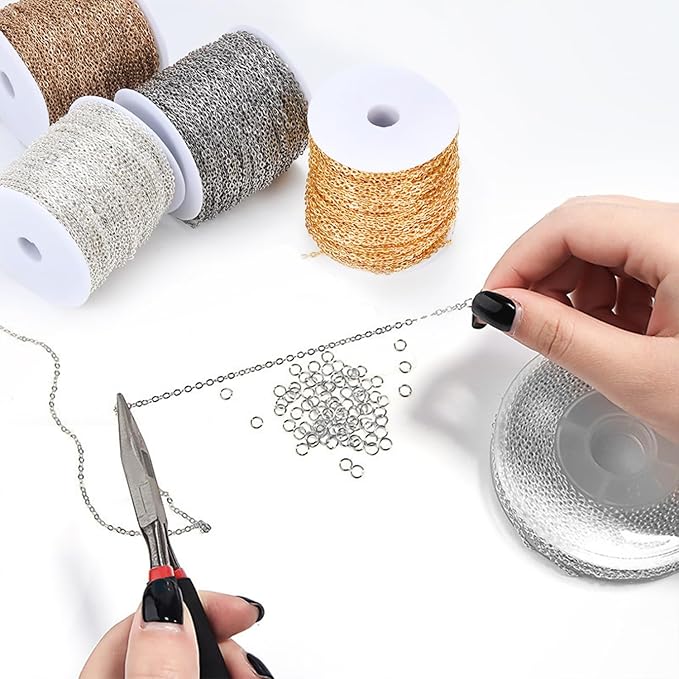 Fesorsi 60 ft Steel Chains for Jewelry Making, Silver Permanent Jewelry Chain, Electroplating Process, Necklace Chains with 300 Pieces Link Ring and 60 Pieces Lobster Buckles, for DIY, Gifts (2mm)