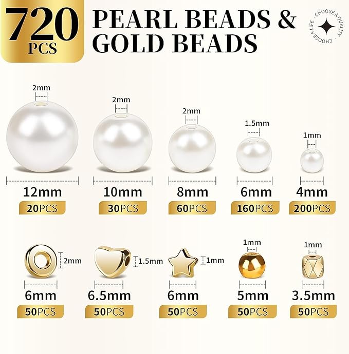 Pearl Beads for Bracelets 720PCS Bracelet Making Kit Friendship Bracelets Kits for Adult Small Pearl Bead and Gold Beads Beading Kit for Jewelry Making Kit for Necklaces Earrings DIY Crafts