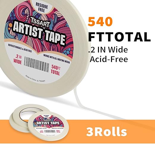 3 Pack White Artist Tape - Masking Artists Tape for Drafting Art Watercolor Painting Canvas Framing - Acid Free 0.2 Inch Wide 180FT Long