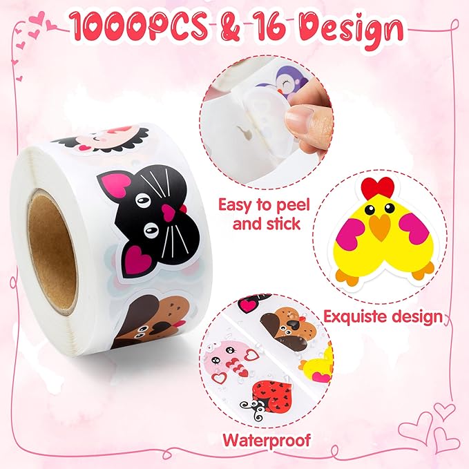 beyumi 1000pcs valentine's day heart shaped animal stickers in 2 rolls for kids valentine heart labels waterproof vinyl decals for greeting cards envelope scrapbooking party decor gift for girls teens