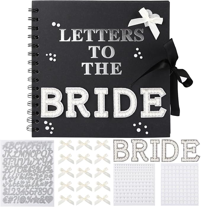 8 x 8 Inch Letters to The Bride Scrapbook Wedding Scrap Book Letters To The Bride Book Bridal DIY Blank Paper Scrapbook Photo Album with Pearl Stickers, Metallic Letters, Bows(Black)