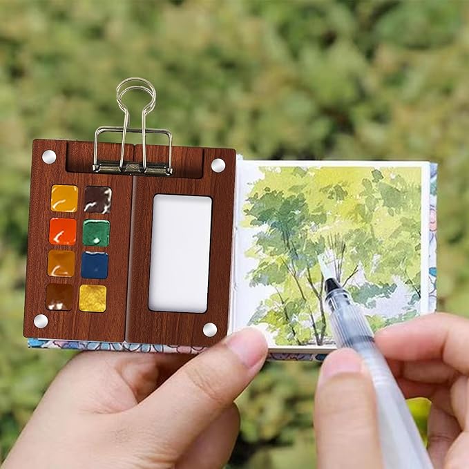 Mini Paint Palette Travel kit - Mini Watercolor Palette Set, Pocket Artist Water Color travel Set with Colours, Binder Clips, Watercolor Pens, Wooden Paint Box for Painters Artists Students