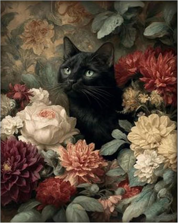Cat Paint by Numbers Kit for Adults Beginners, Flowers Adult Paint by Number Kits on Canvas, Acrylic Painting by Number, DIY Crafts for Gift Home Decor 16x16 in