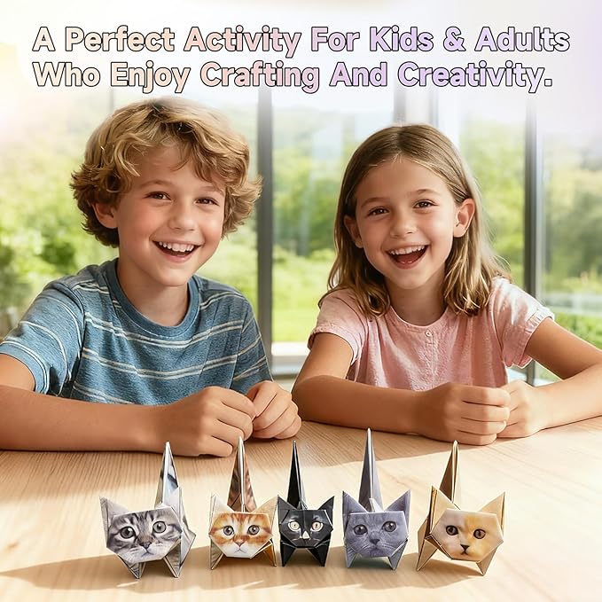 Origami cats - 50 Sheets Paper Cats Origami kit- DIY Cat Origami Paper foldable 3D Cute Cats Figures for Kids Ages 8-12, Creative Crafts for Adults - Fun Desk Decor & Gift for Cat Lovers