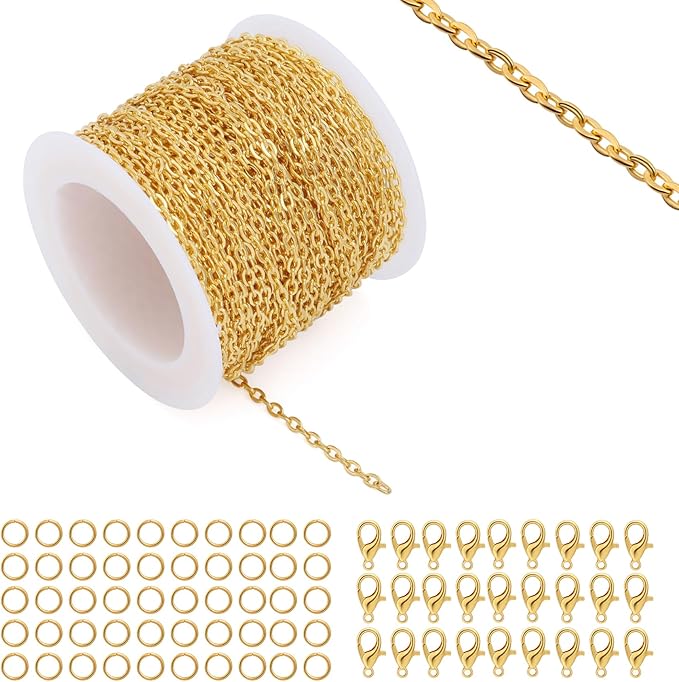 Lemonkey 33 Feet Metal Gold Necklace Chains Cable O-Shaped Links Chains Bulk for Jewelry Making DIY Craft Kit with Lobster Clasps Jump Rings